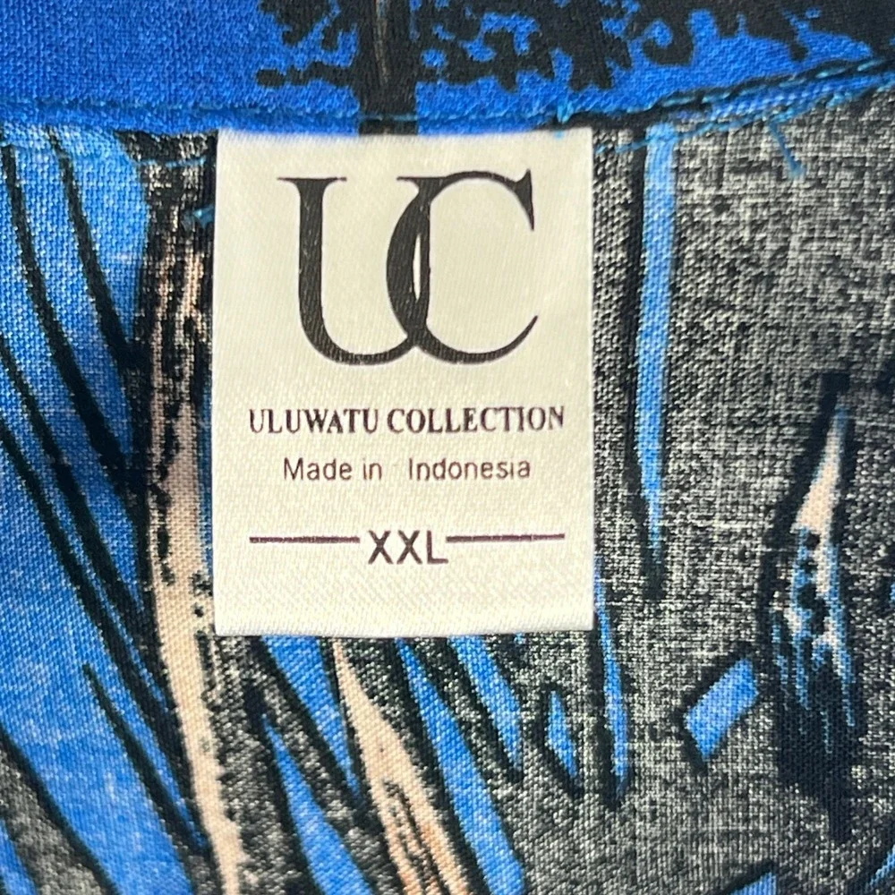 Uluwatu Collection Mens XXL Blue Tropical Palm Tree Rayon Button Down Shirt